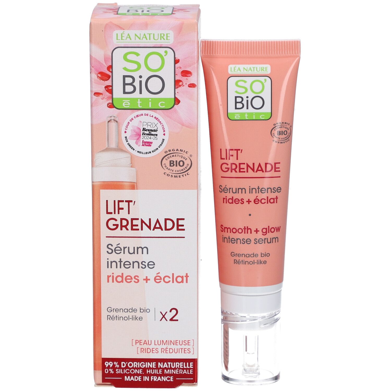 Produktverpackung und Tube. Aufschrift: Lift' Grenade, Serum intense rides + éclat. Bio-Zertifizierung. x2.