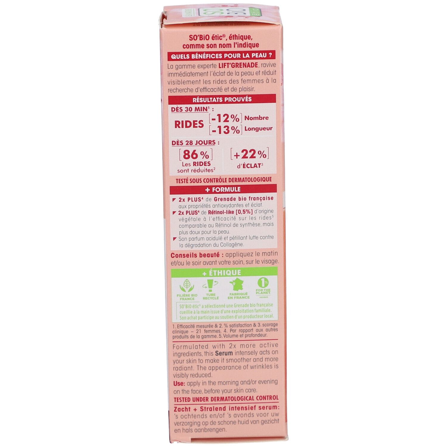Produktverpackung. Text: SO'BiO étic, Vorteile für die Haut. Ergebnisse nach 30 Tagen. Bio-Zertifizierung.