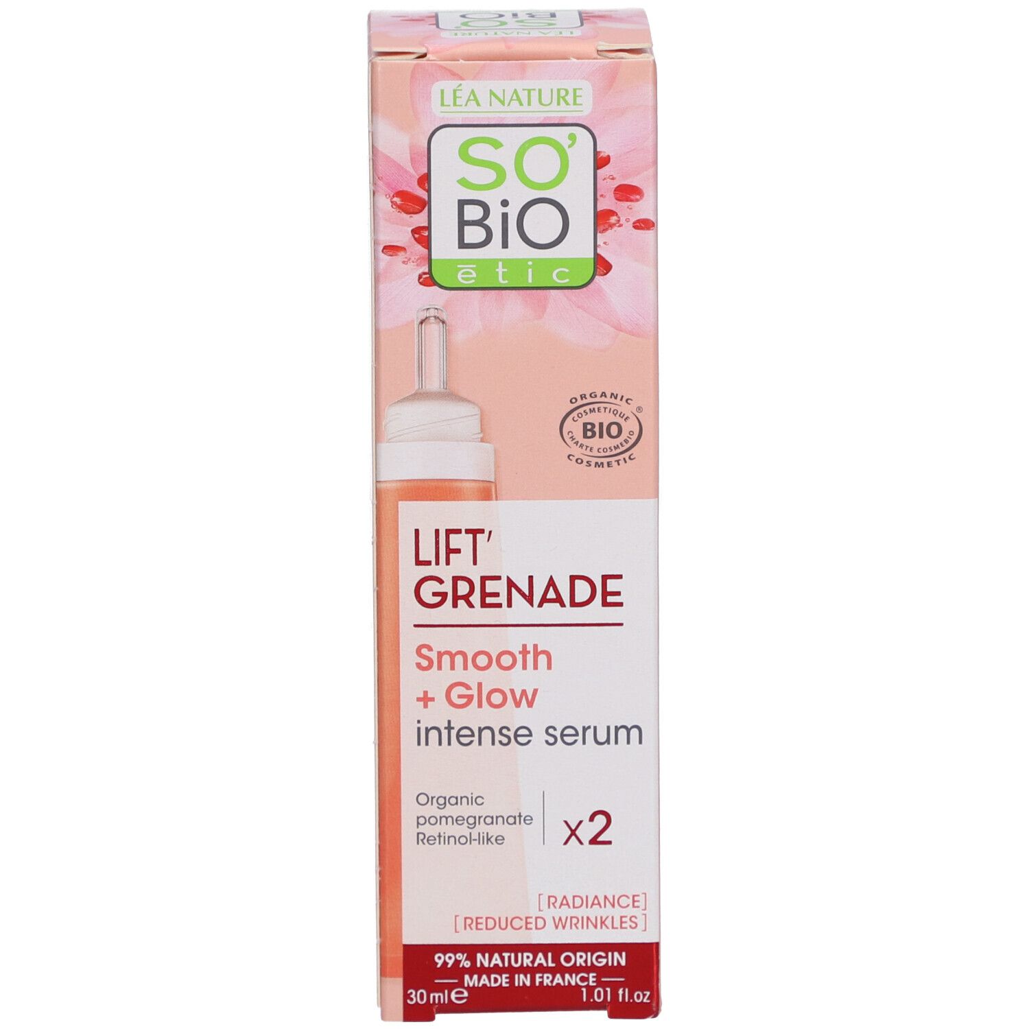 Produktverpackung. Aufschrift: Lift' Grenade, Smooth + Glow intense serum. Bio-Zertifizierung. 30 ml.