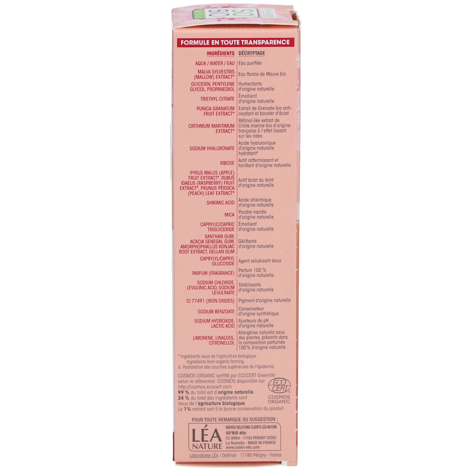 Produktverpackung. Auflistung der Inhaltsstoffe. Bio-Zertifizierung. Text: 99% natürlichen Ursprungs.