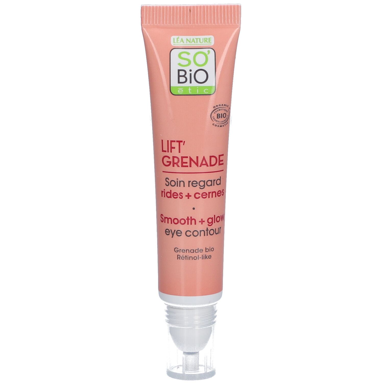 Rosa Tube mit SO BIO ETIC Logo und Produktnamen. Enthält "Lift'Grenade" und "Smooth + glow eye contour".