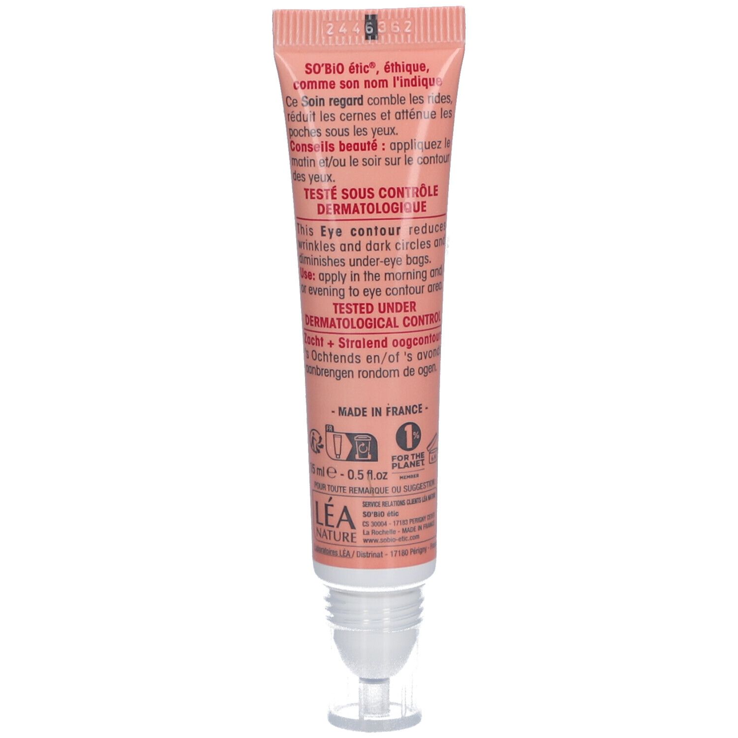 Rückseite der rosa Tube. Enthält Text und Logos, darunter "TESTÉ SOUS CONTRÔLE DERMATOLOGIQUE" und "MADE IN FRANCE".