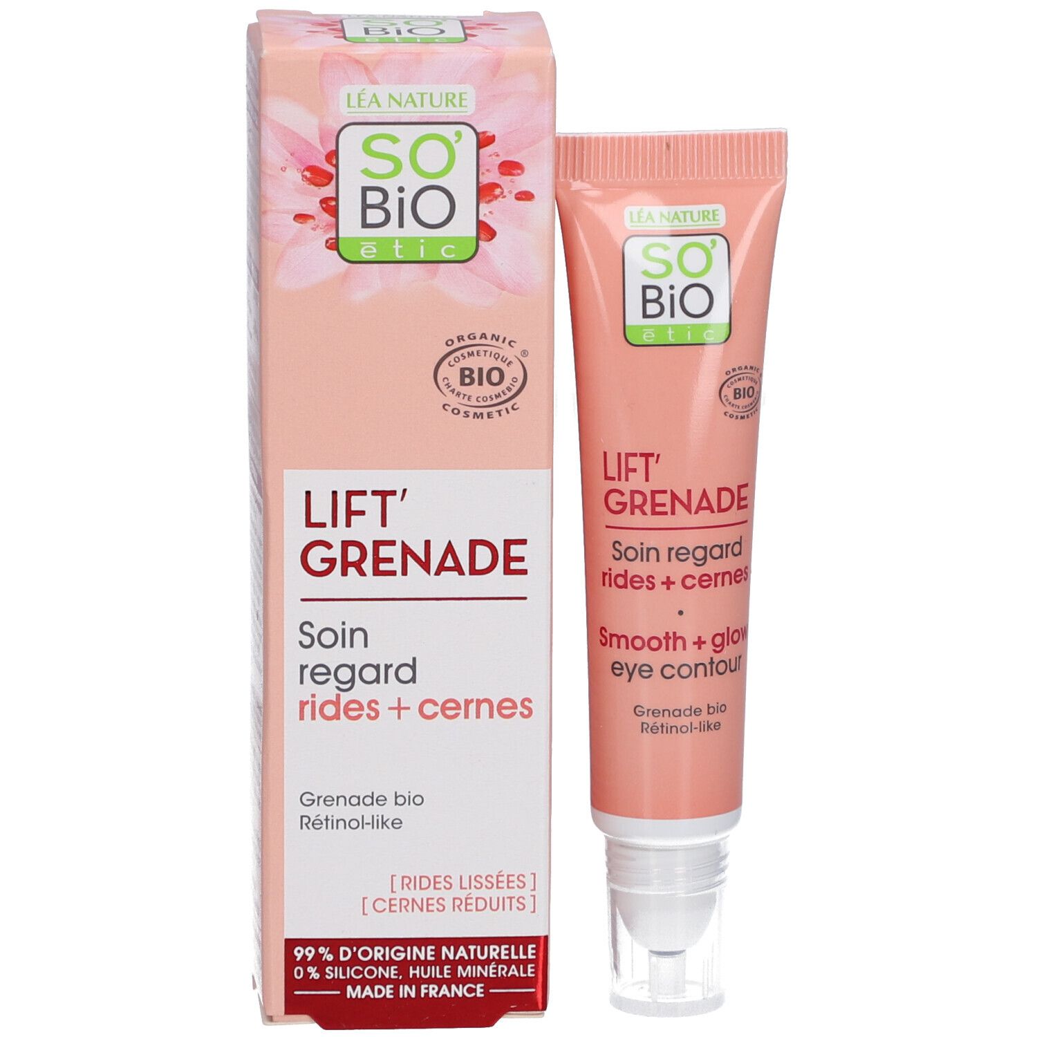 Produktverpackung mit Tube. Enthält "SO BIO ETIC", "Lift'Grenade" und "Soin regard rides + cernes". Bio-Zertifizierung.