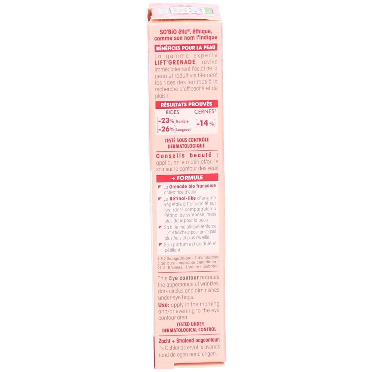 Produktverpackung. Enthält Text über Vorteile, Ergebnisse und Inhaltsstoffe. "TESTÉ SOUS CONTRÔLE DERMATOLOGIQUE".