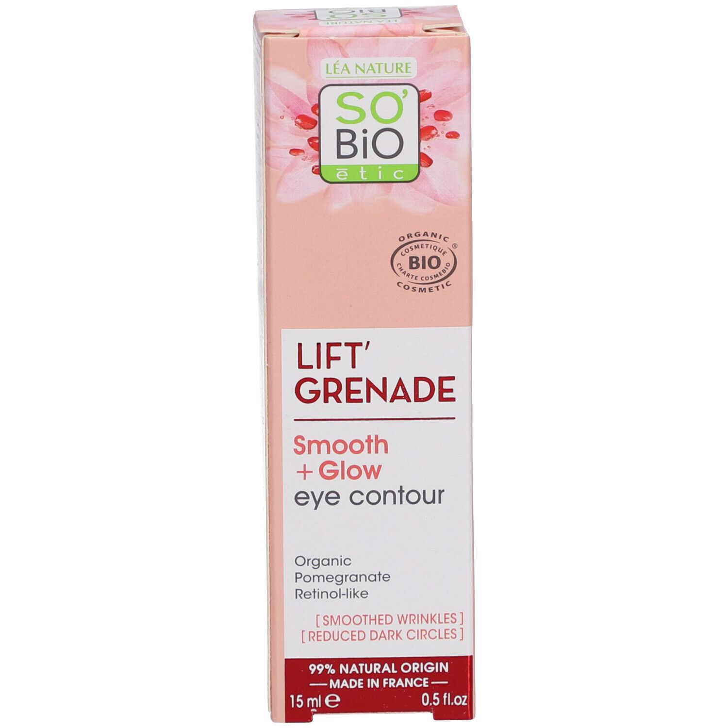 Produktverpackung. Enthält "SO BIO ETIC", "Lift'Grenade" und "Smooth + Glow eye contour". Bio-Zertifizierung.