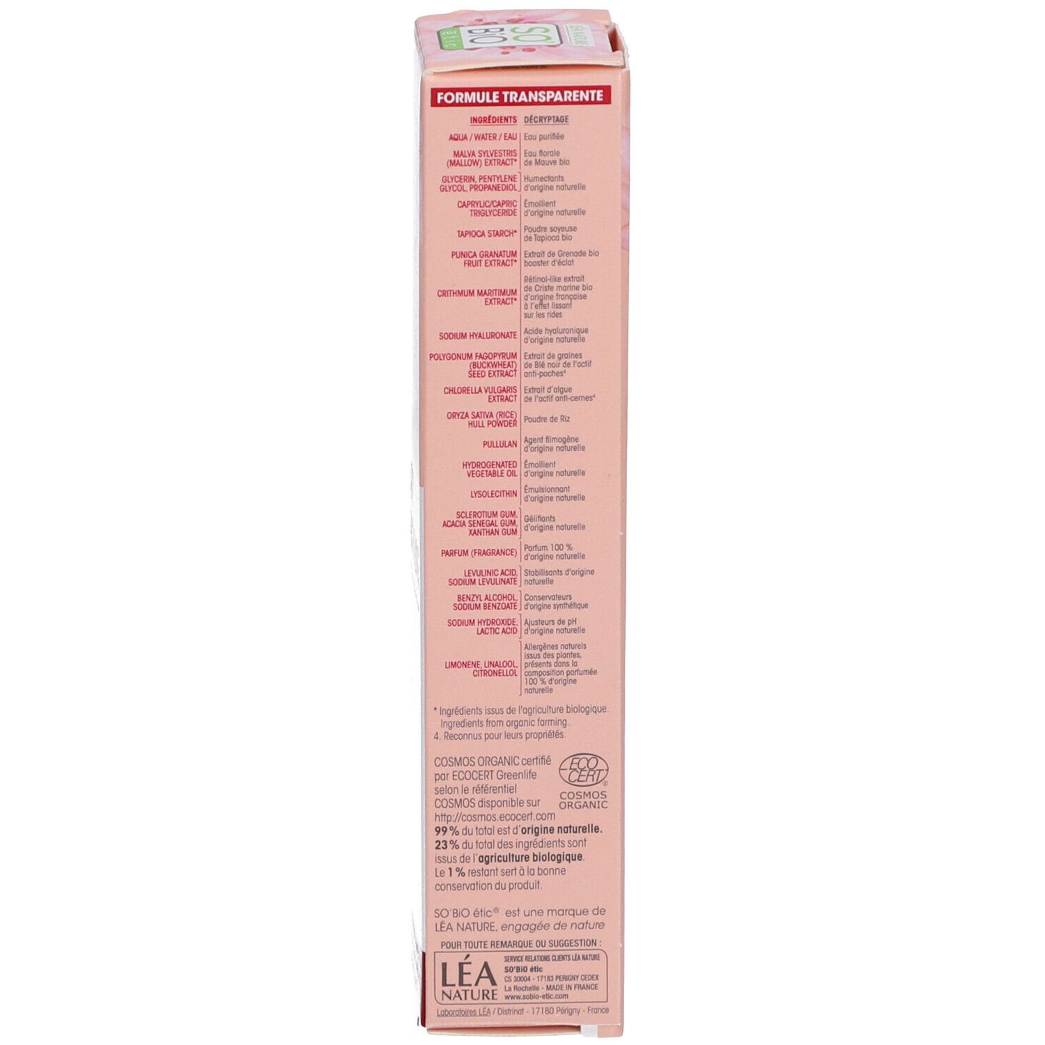 Produktverpackung. Enthält Inhaltsstoffe, Bio-Zertifizierung und Text über die Marke SO BIO ETIC.