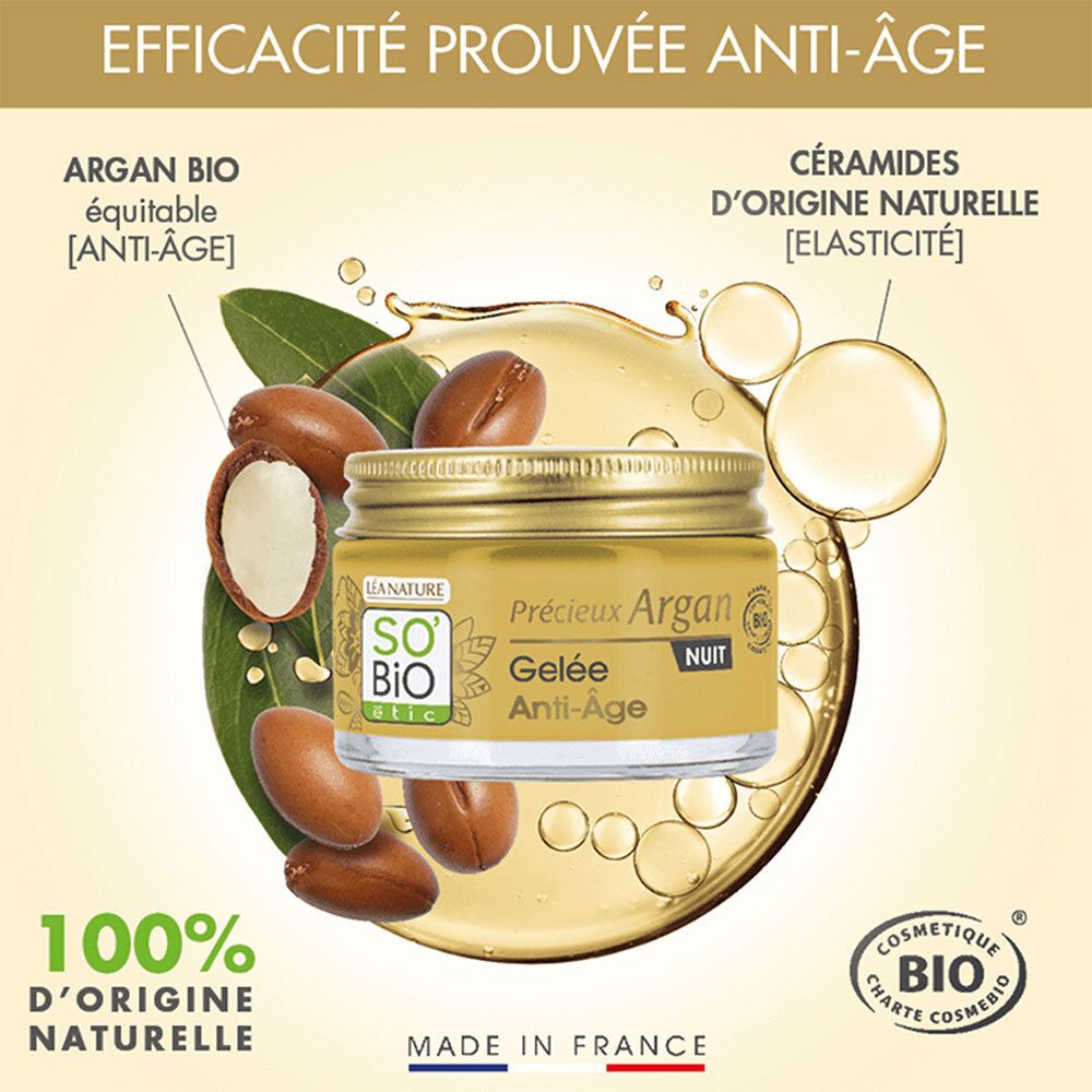 Produit avec huile d'argan et céramides. Texte: Argan Bio, Céramides, 100% d'origine naturelle. Certification: Cosmetique Bio.