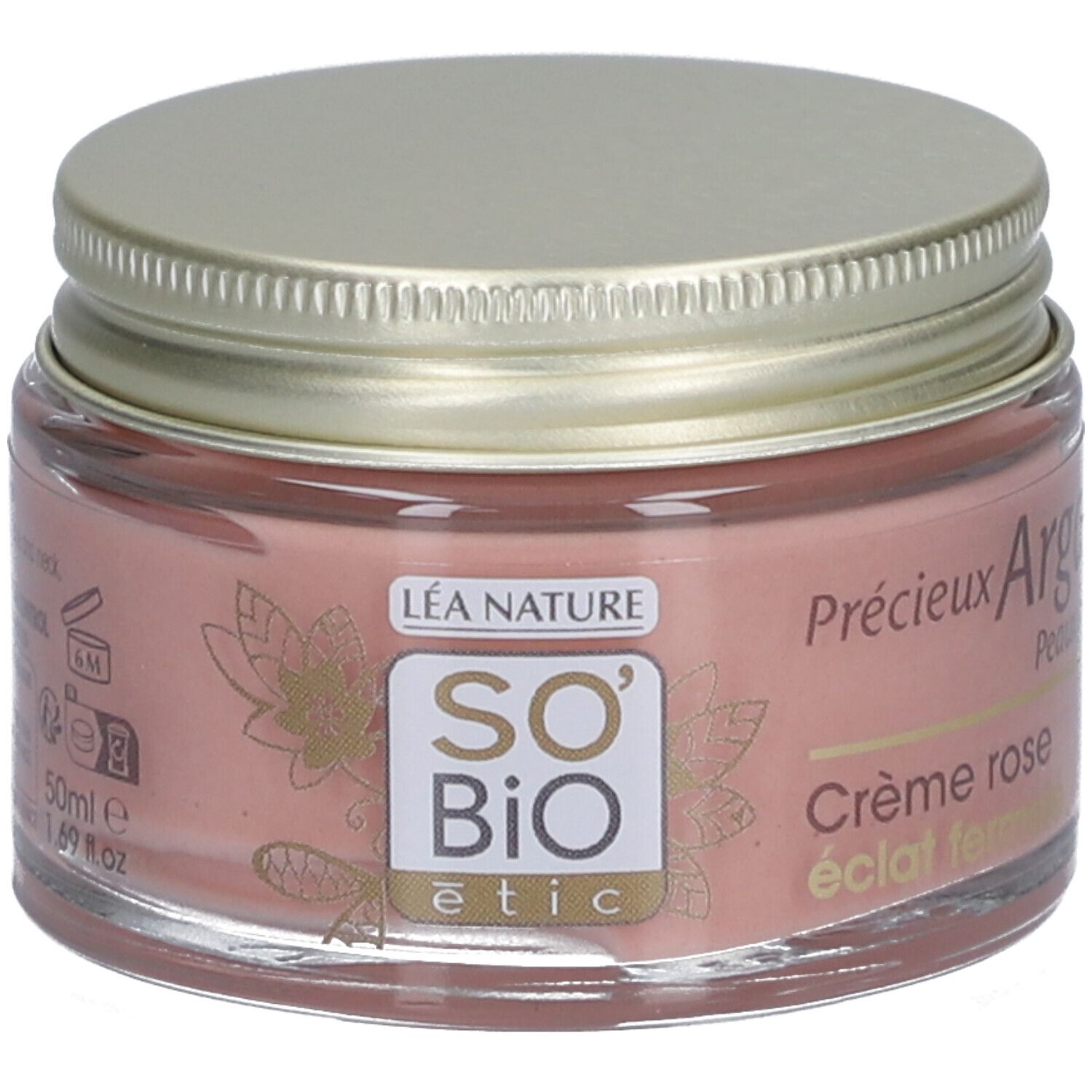 Pot de crème rose avec couvercle doré. Inscriptions: SO'BiO étic, Léa Nature, Crème rose éclat fermé.