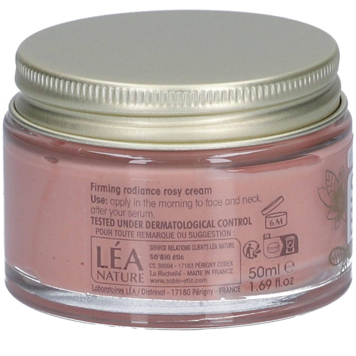 Pot de crème rose avec couvercle doré. Inscriptions: SO'BiO étic, Léa Nature, Crème rose éclat fermé. 50ml, 1.69 fl.oz.