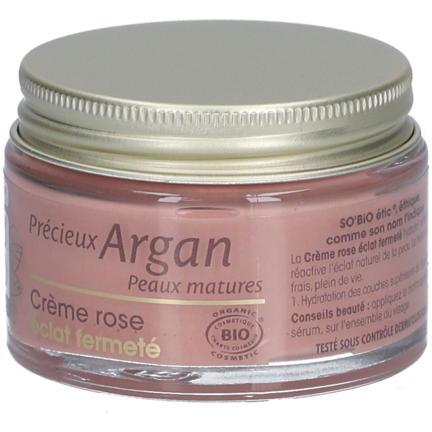 Pot de crème rose avec couvercle doré. Inscriptions: SO'BiO étic, Crème rose éclat fermé, Peaux matures, Organic Cosmetic.