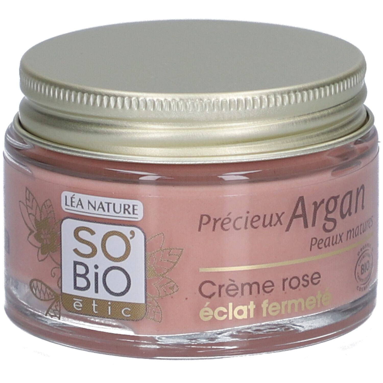 Pot de crème rose avec couvercle doré. Inscriptions: SO'BiO étic, Crème rose éclat fermé, Peaux matures, Organic Cosmetic.
