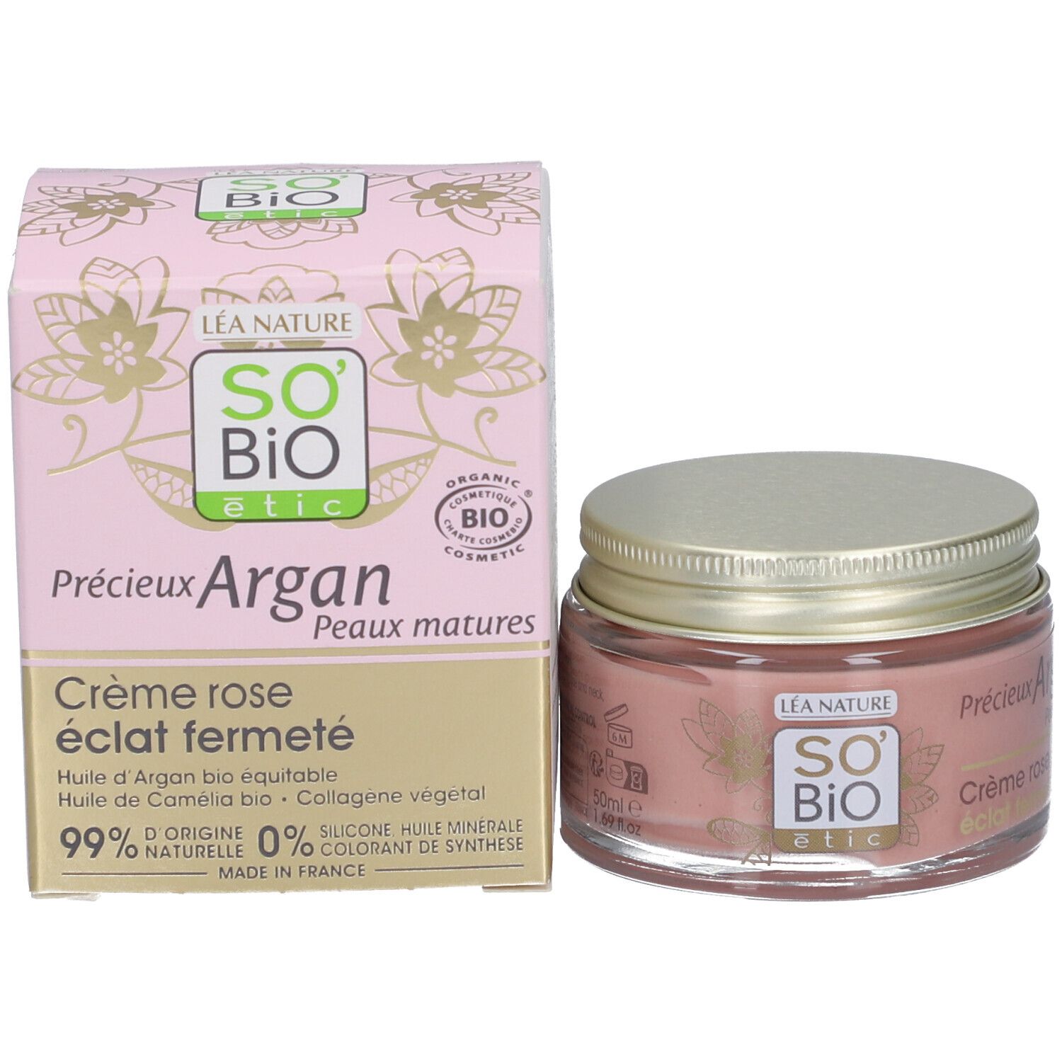Pot de crème rose et carton. Inscriptions: SO'BiO étic, Crème rose éclat fermé, Peaux matures, Organic Cosmetic.