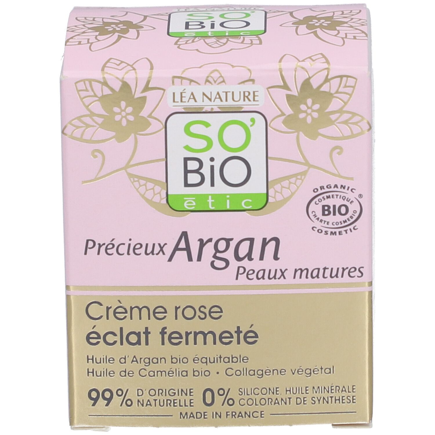 Boîte avec inscriptions: SO'BiO étic, Crème rose éclat fermé, Peaux matures, Organic Cosmetic. 99% ingrédients naturels.