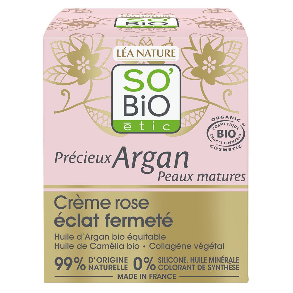 Rosa Kartonverpackung. Aufschrift: SO'BiO étic, Crème rose éclat fermeté. Bio-Zertifizierung. Inhaltsstoffe.