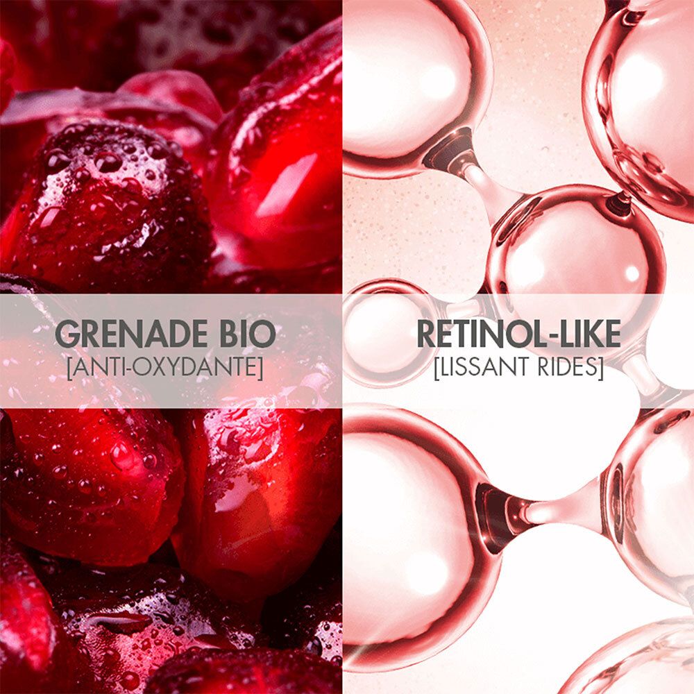 Image en deux parties: grains de grenade et molécules. Texte: GRENADE BIO [ANTI-OXYDANTE], RETINOL-LIKE [LISSANT RIDES].