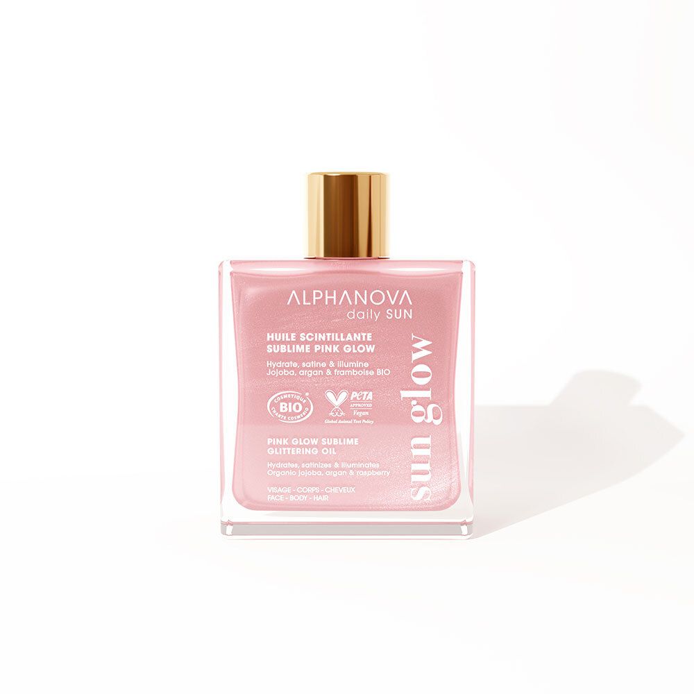 Huile scintillante rose dans flacon carré en verre avec bouchon doré. Texte: Alphanova, daily SUN, Pink Glow, huiles bio.