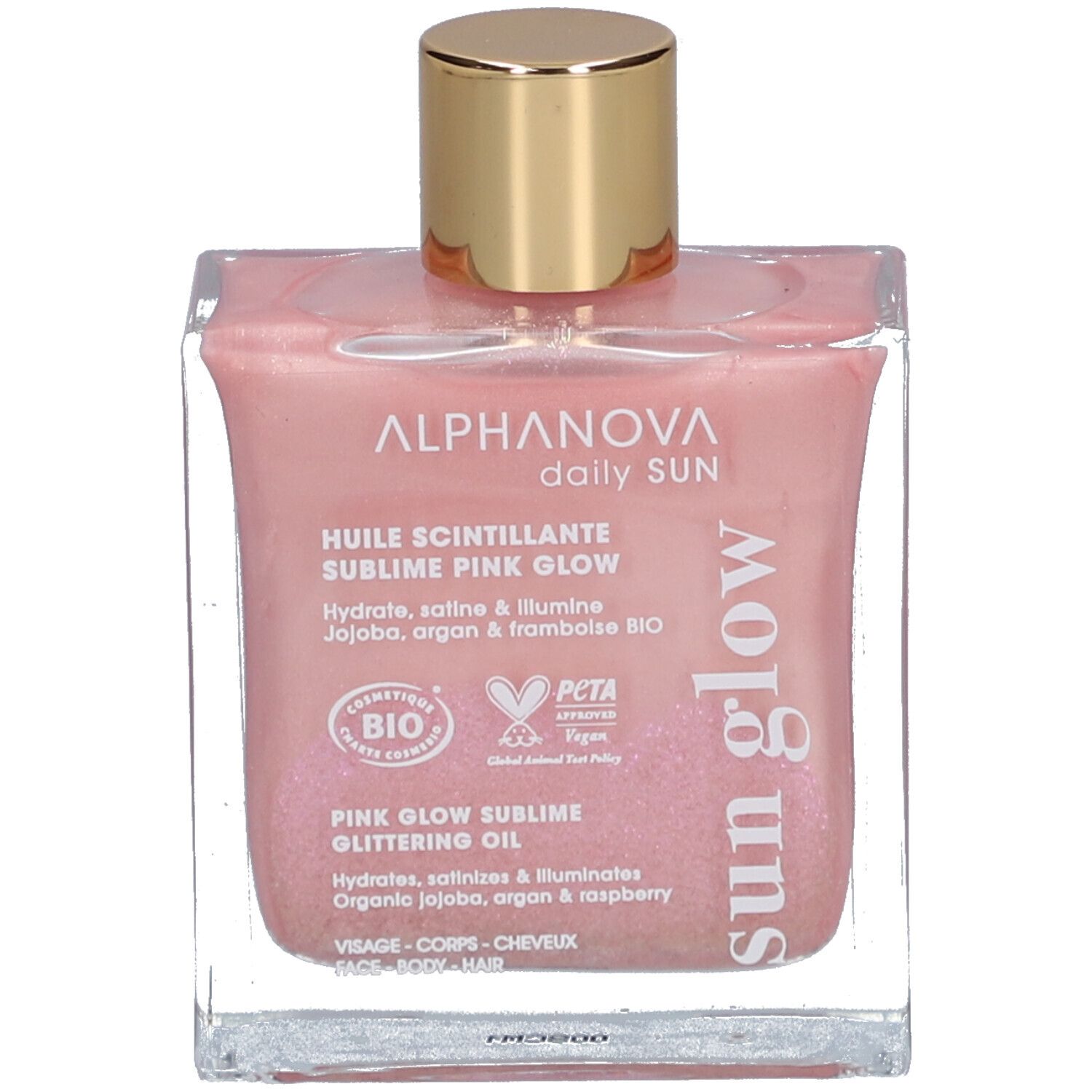 Huile scintillante rose dans flacon carré en verre, bouchon doré. Inscription: Alphanova, Pink Glow.