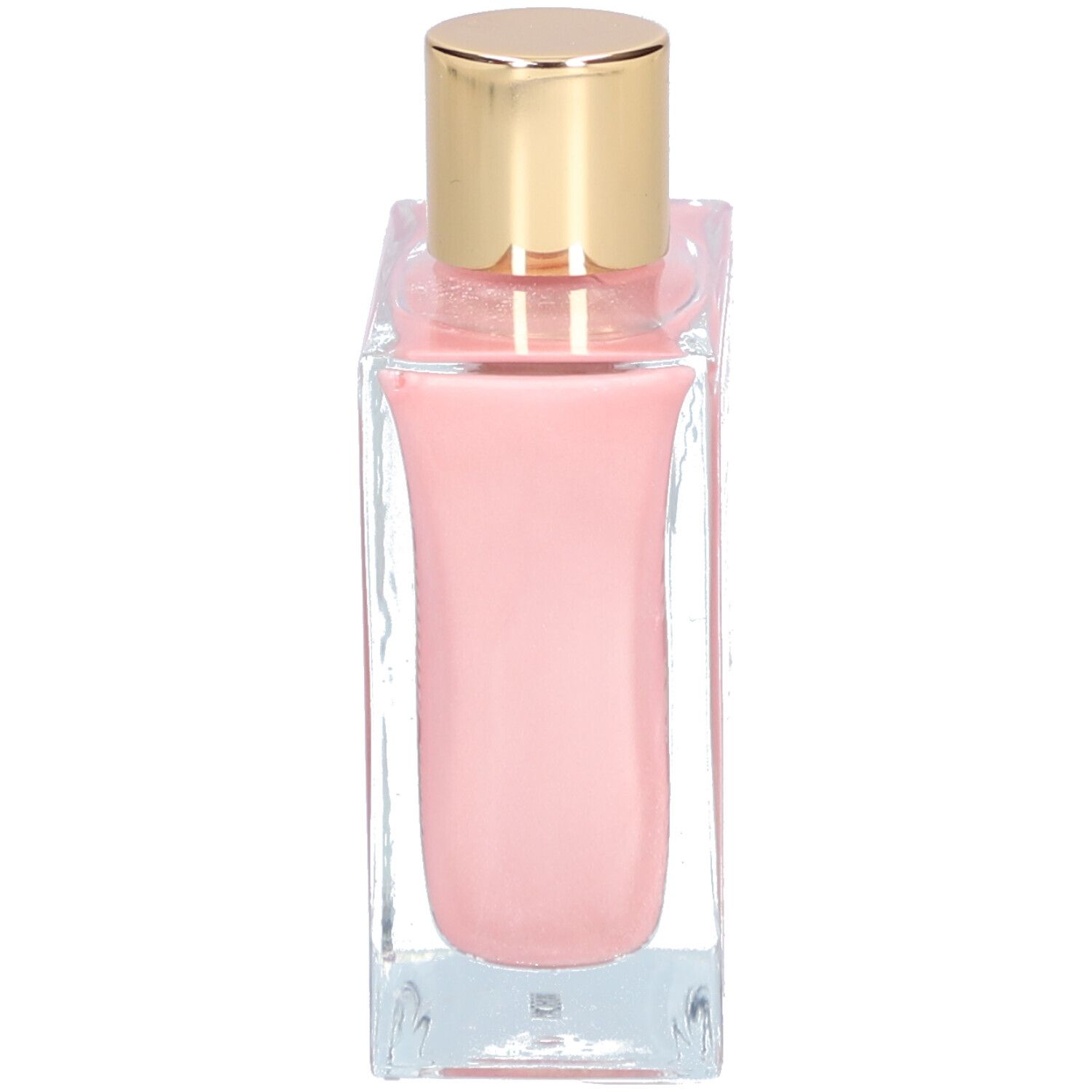 Liquide rose dans flacon carré en verre, bouchon doré. Vue de face du produit.