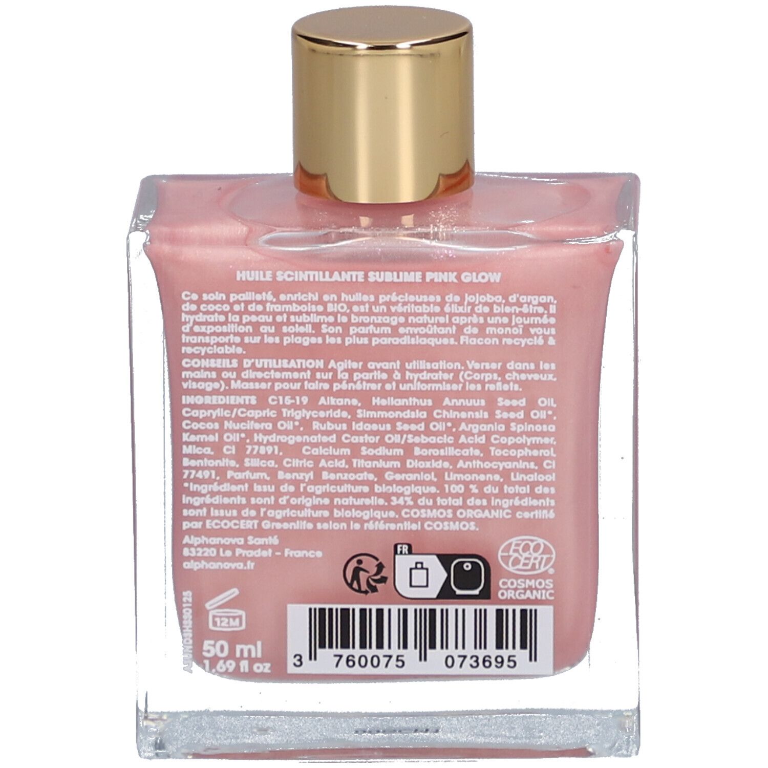 Dos du flacon en verre avec huile rose. Texte: ingrédients, 50 ml, certifications.