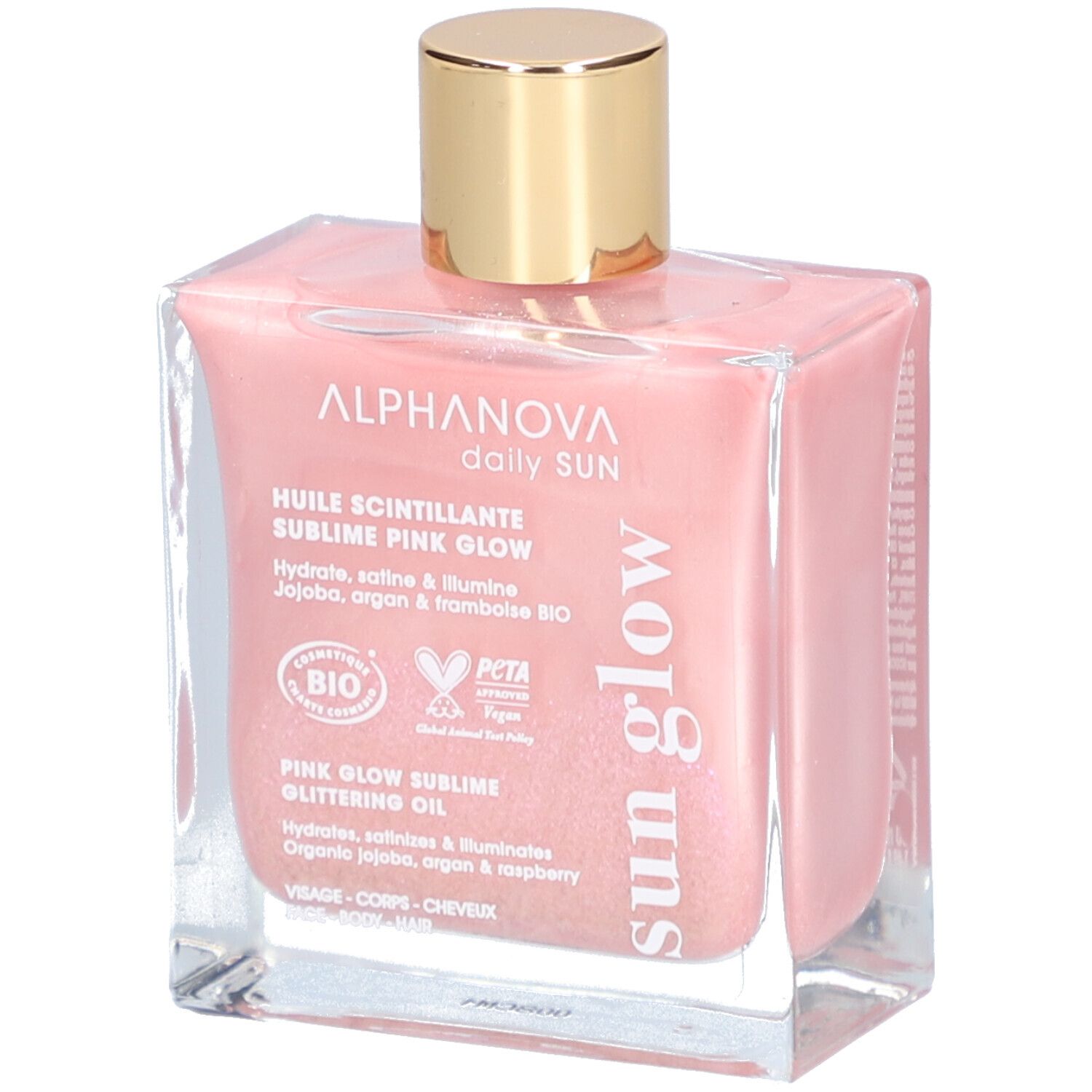 Huile scintillante rose dans flacon carré en verre, bouchon doré. Inscription: Alphanova, Pink Glow.