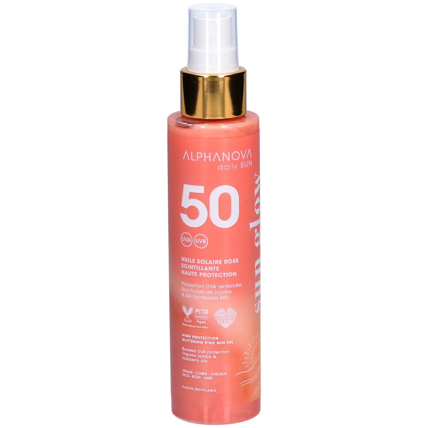 Alphanova Huile solaire rose scintillante SPF50 aux huiles bio