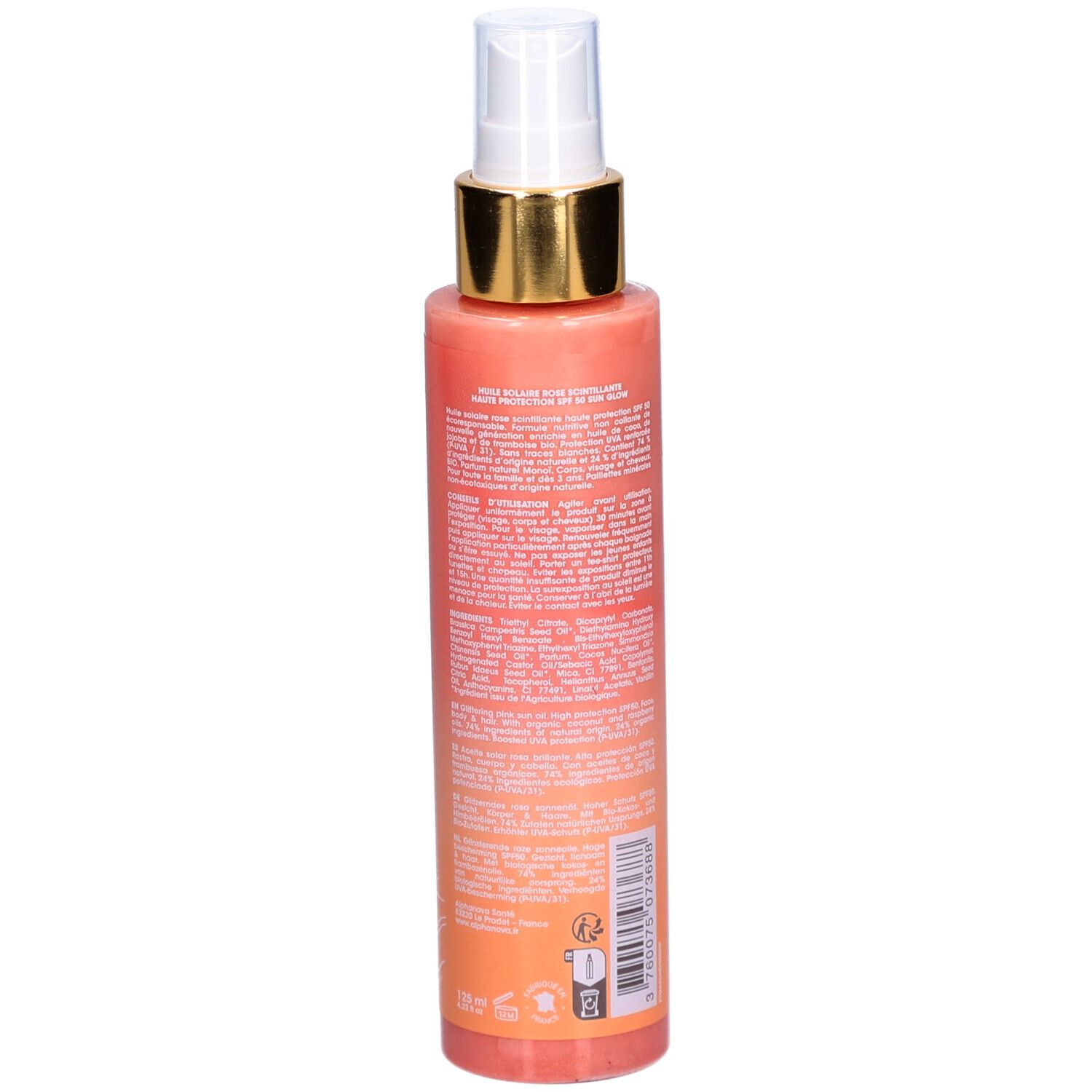Alphanova Huile solaire rose scintillante SPF50 aux huiles bio