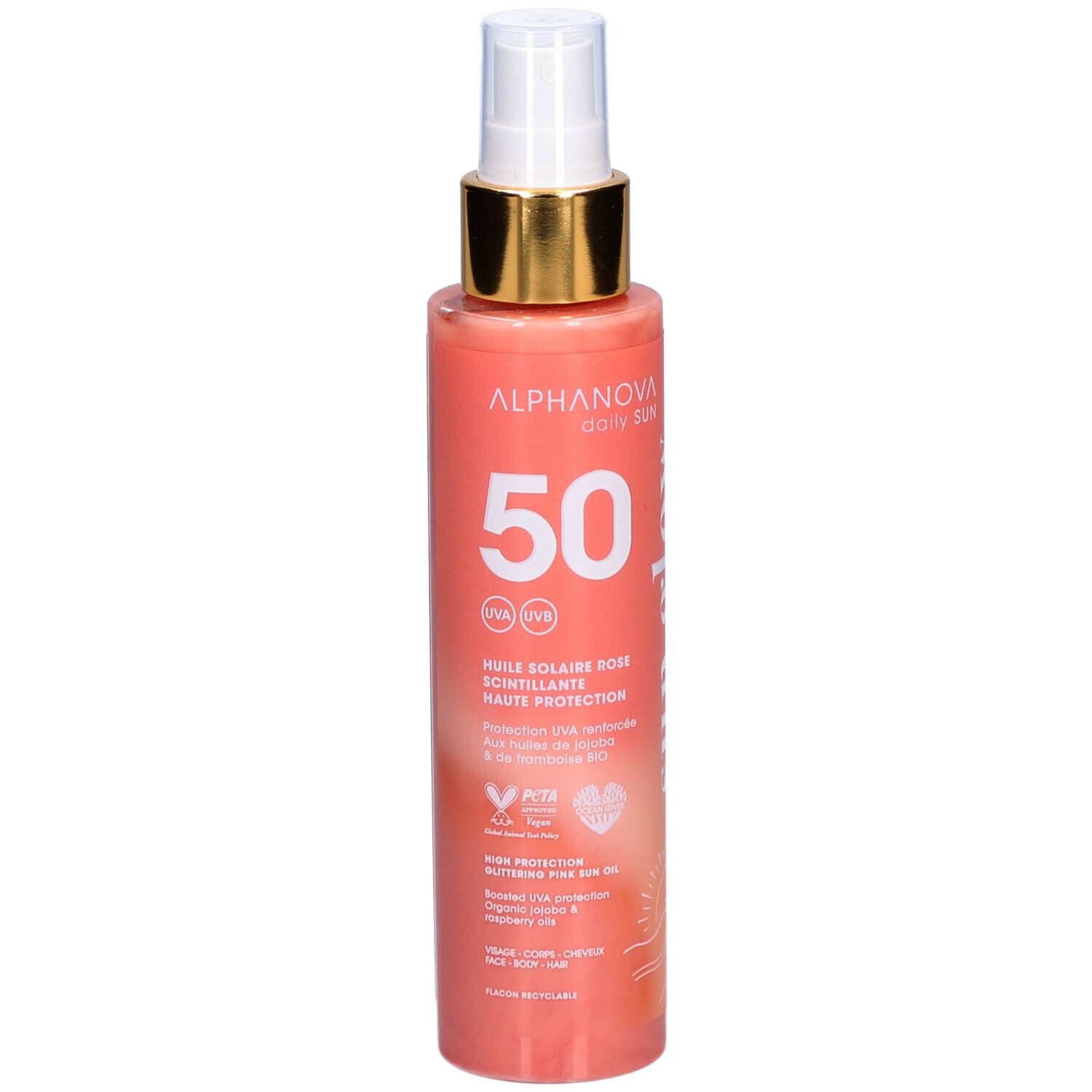 Alphanova Huile solaire rose scintillante SPF50 aux huiles bio