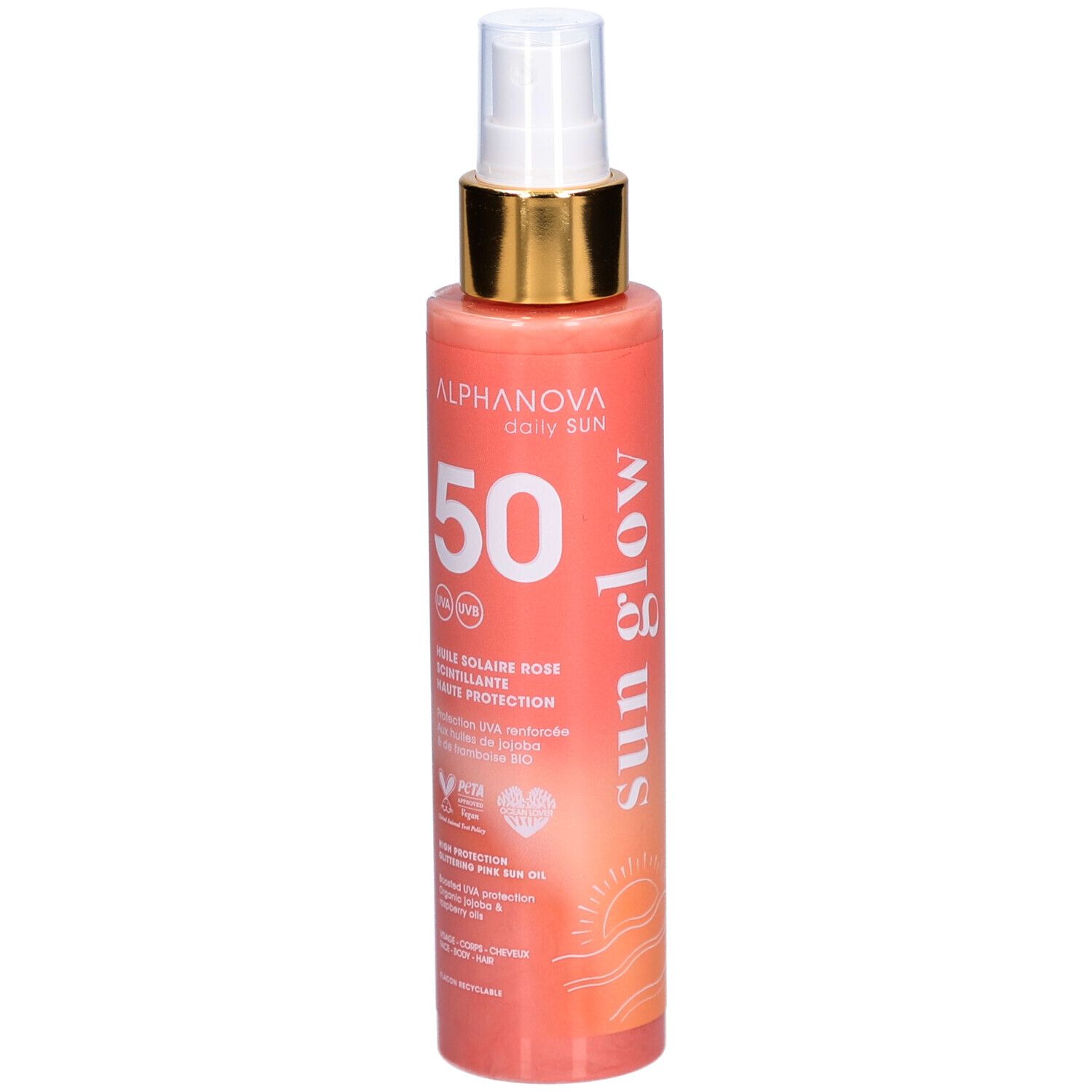 Alphanova Huile solaire rose scintillante SPF50 aux huiles bio
