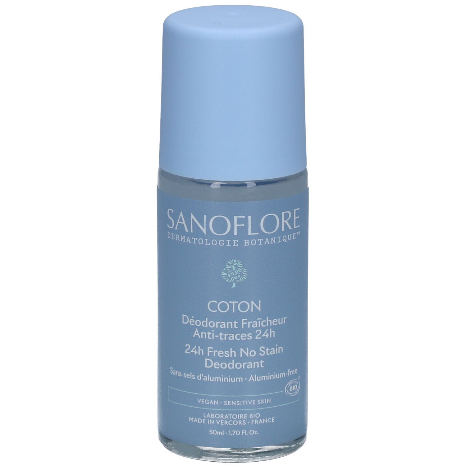 Hellblaues Roll-On-Deodorant. Aufschrift: SANOFLORE, COTON, 24h Fresh No Stain Deodorant. Vegan, für empfindliche Haut.