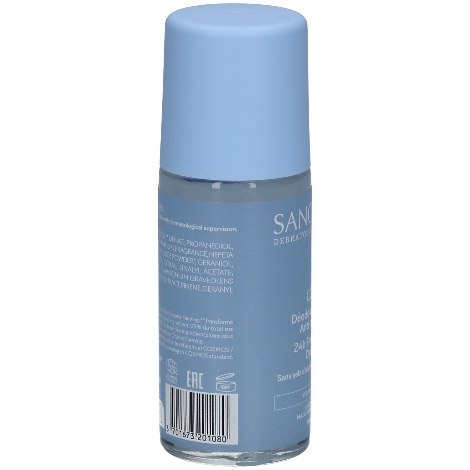Rückseite des hellblauen Roll-On-Deodorants. Text: Inhaltsstoffe, COSMOS-Zertifizierung, EAN-Code, Herstellerinformationen.
