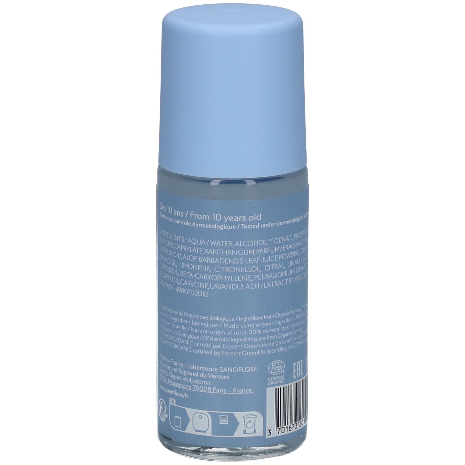 Rückseite des hellblauen Roll-On-Deodorants. Text: Inhaltsstoffe, COSMOS-Zertifizierung, Herstellerinformationen, EAN-Code.