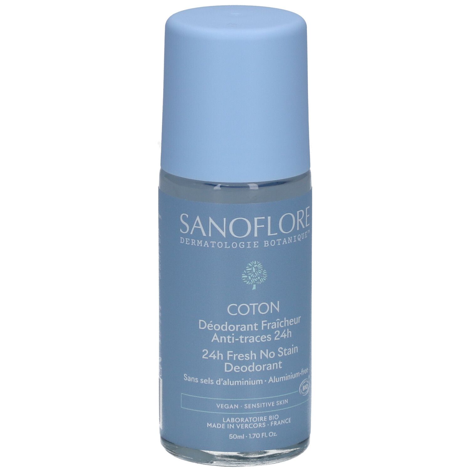 Hellblaues Roll-On-Deodorant. Aufschrift: SANOFLORE, COTON, 24h Fresh No Stain Deodorant. Vegan, für empfindliche Haut.