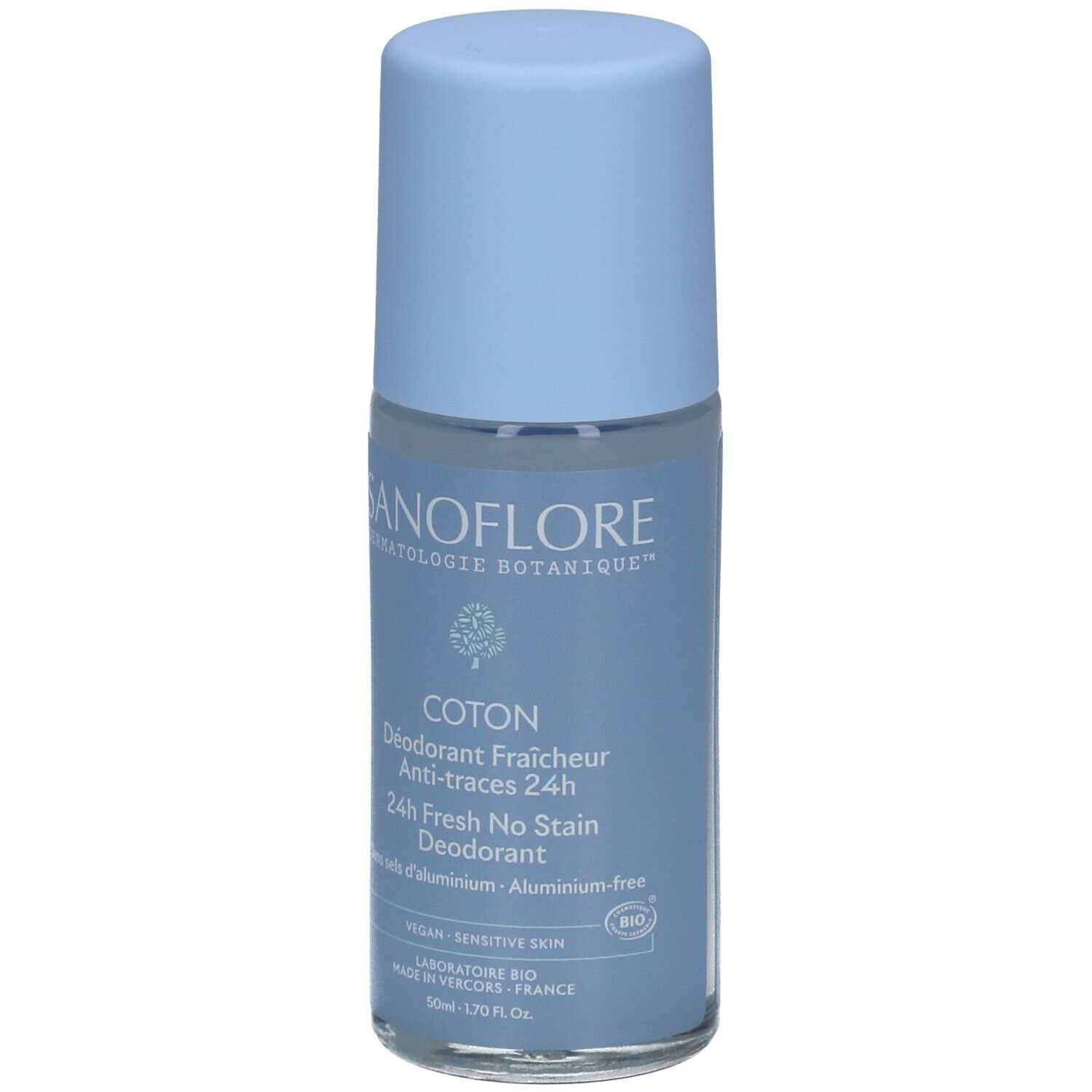 Hellblaues Roll-On-Deodorant. Aufschrift: SANOFLORE, COTON, 24h Fresh No Stain Deodorant. Vegan, für empfindliche Haut.
