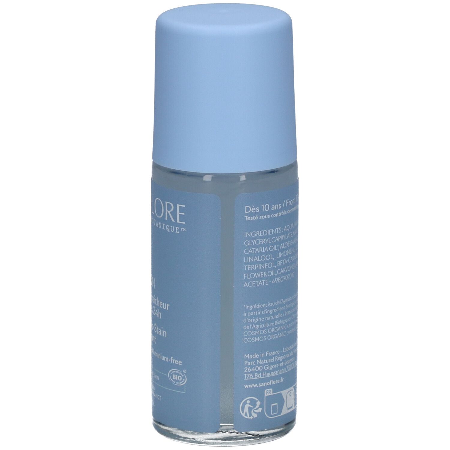 Rückseite des hellblauen Roll-On-Deodorants. Text: Inhaltsstoffe, COSMOS-Zertifizierung, Herstellerinformationen, EAN-Code.