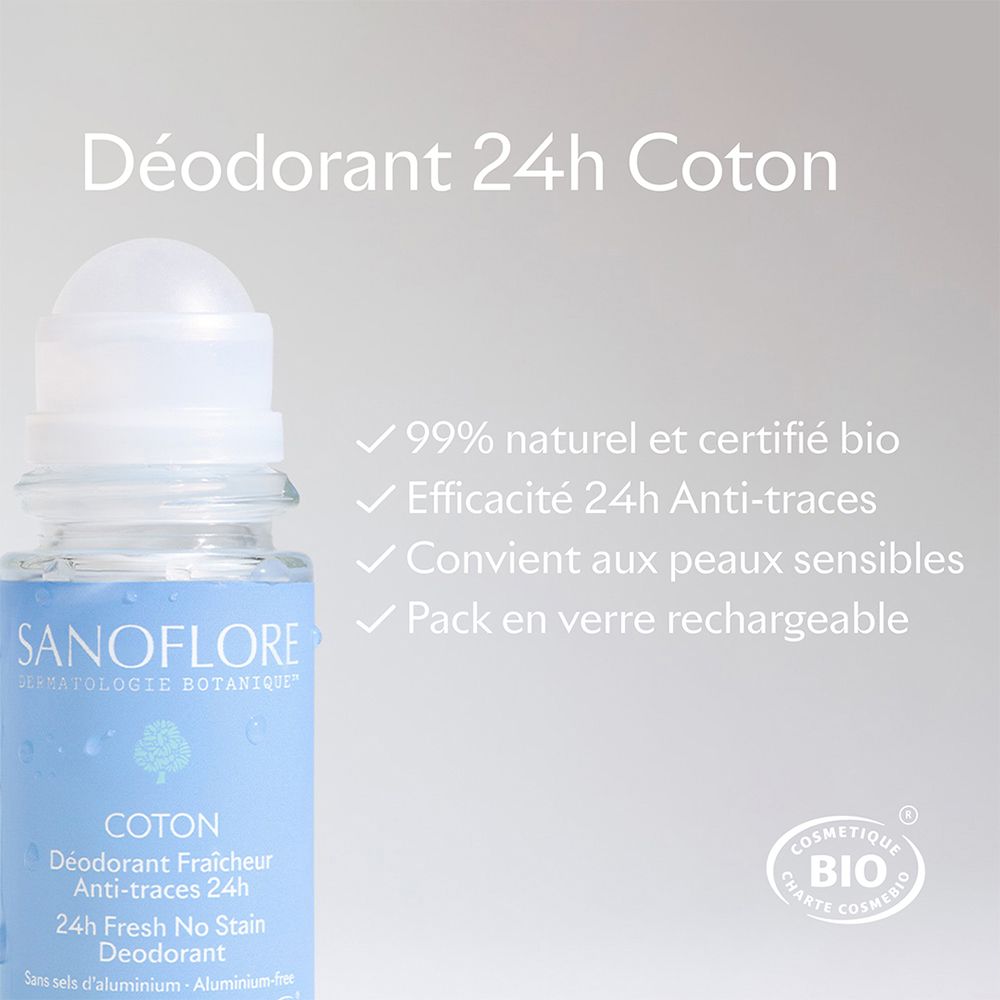 Deodorant 24h Coton. Text: 99% natürlich und bio-zertifiziert, 24h Anti-Flecken-Wirkung, für empfindliche Haut, Glasflasche.