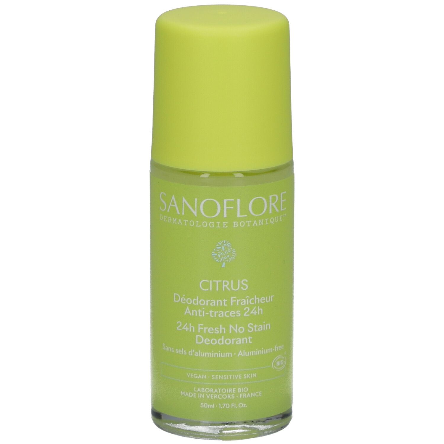 Roll-on-Deodorant mit gelbem Deckel. Aufschrift: SANOFLORE, CITRUS, 24h Fresh No Stain Deodorant. Vegan, für empfindliche Haut.