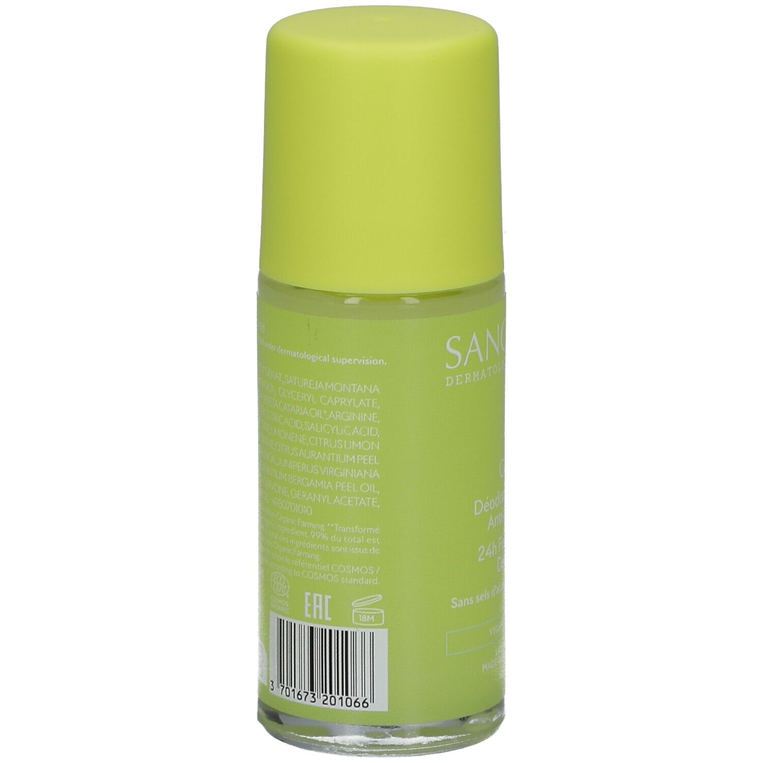 Rückseite des Roll-on-Deodorants. Aufschrift: Inhaltsstoffe, EAN-Code, Logo. Grüner Hintergrund.