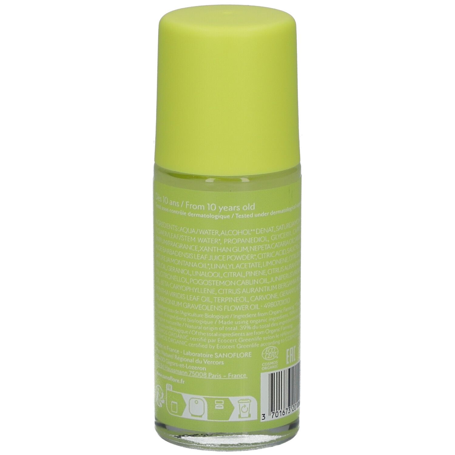 Rückseite des Roll-on-Deodorants. Aufschrift: Inhaltsstoffe, Logo. Grüner Hintergrund.