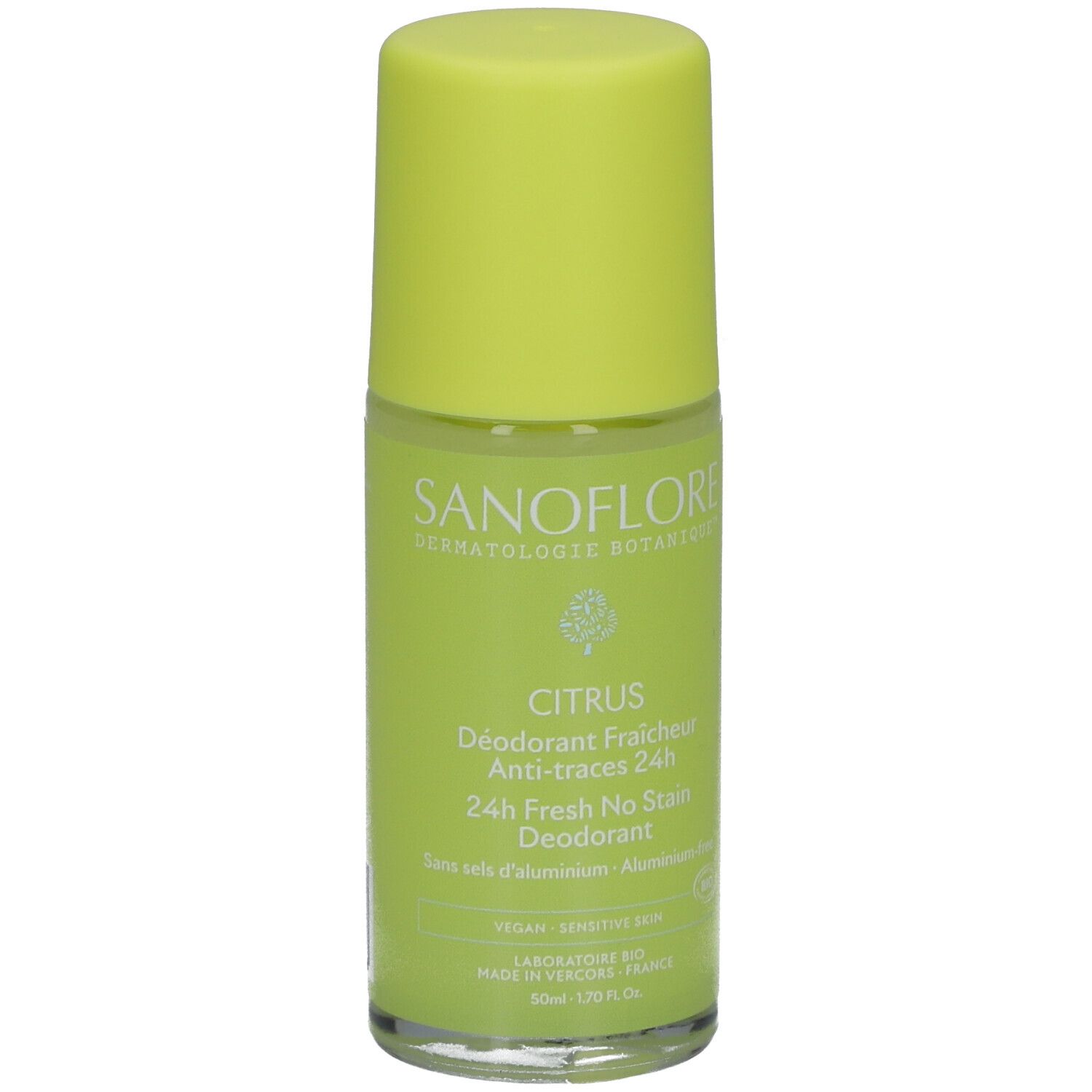 Roll-on-Deodorant mit gelbem Deckel. Aufschrift: SANOFLORE, CITRUS, 24h Fresh No Stain Deodorant. Vegan, für empfindliche Haut.