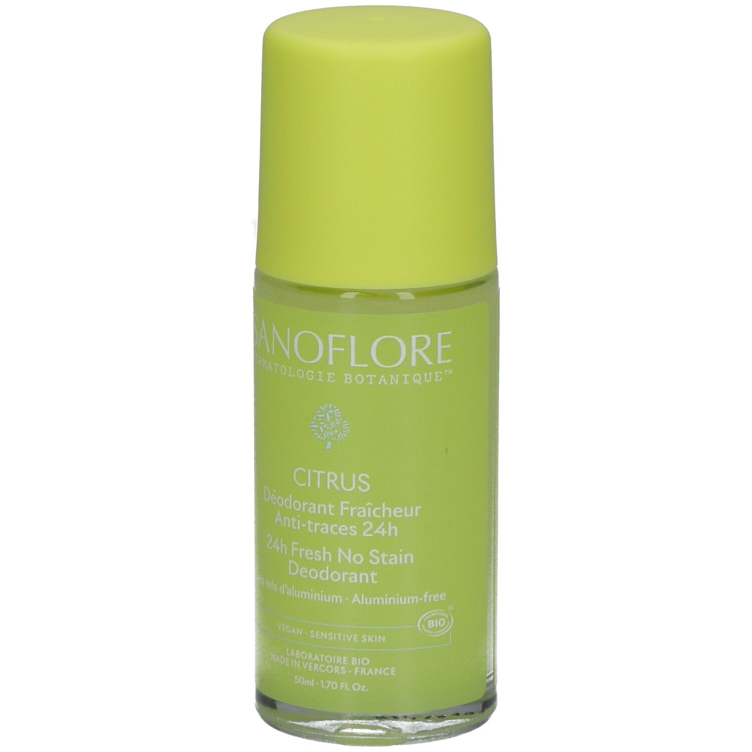 Roll-on-Deodorant mit gelbem Deckel. Aufschrift: SANOFLORE, CITRUS, 24h Fresh No Stain Deodorant. Vegan, für empfindliche Haut.