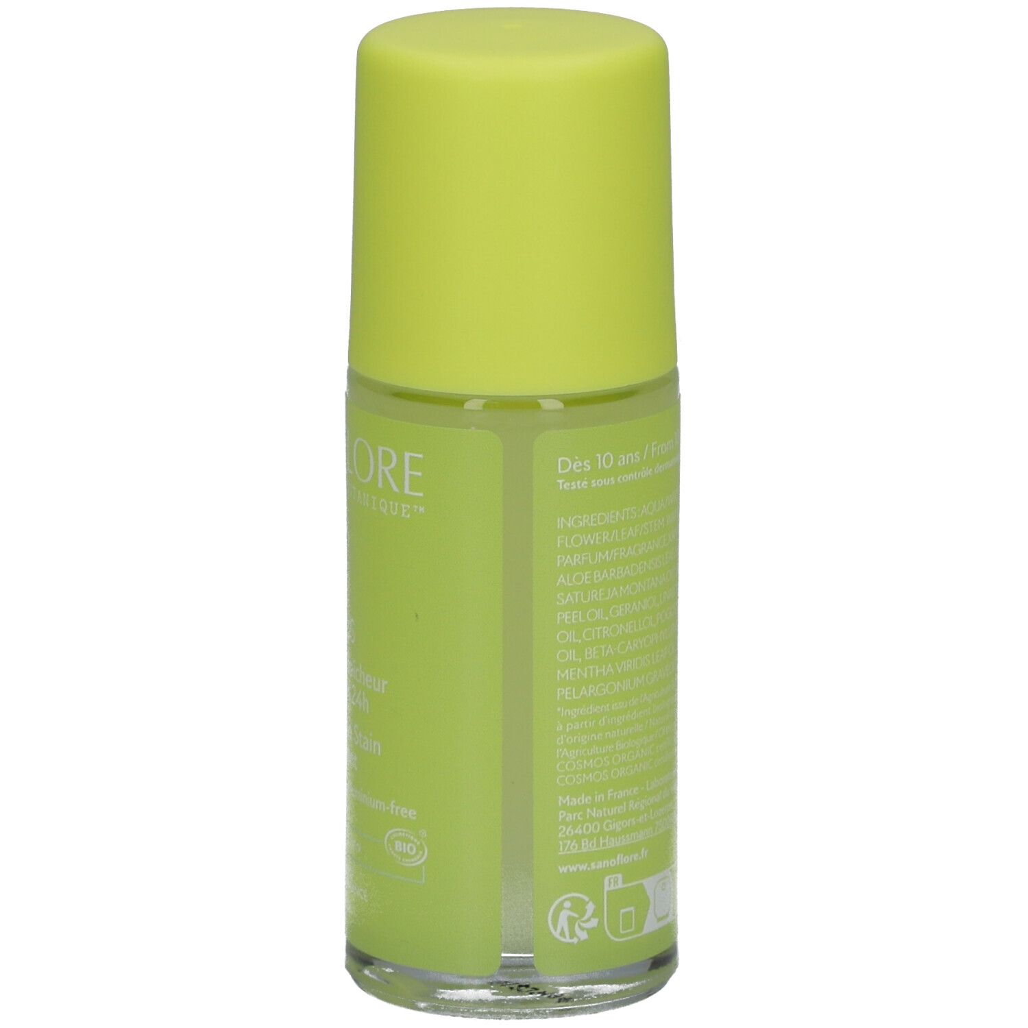 Rückseite des Roll-on-Deodorants. Aufschrift: Inhaltsstoffe, Logo. Grüner Hintergrund.