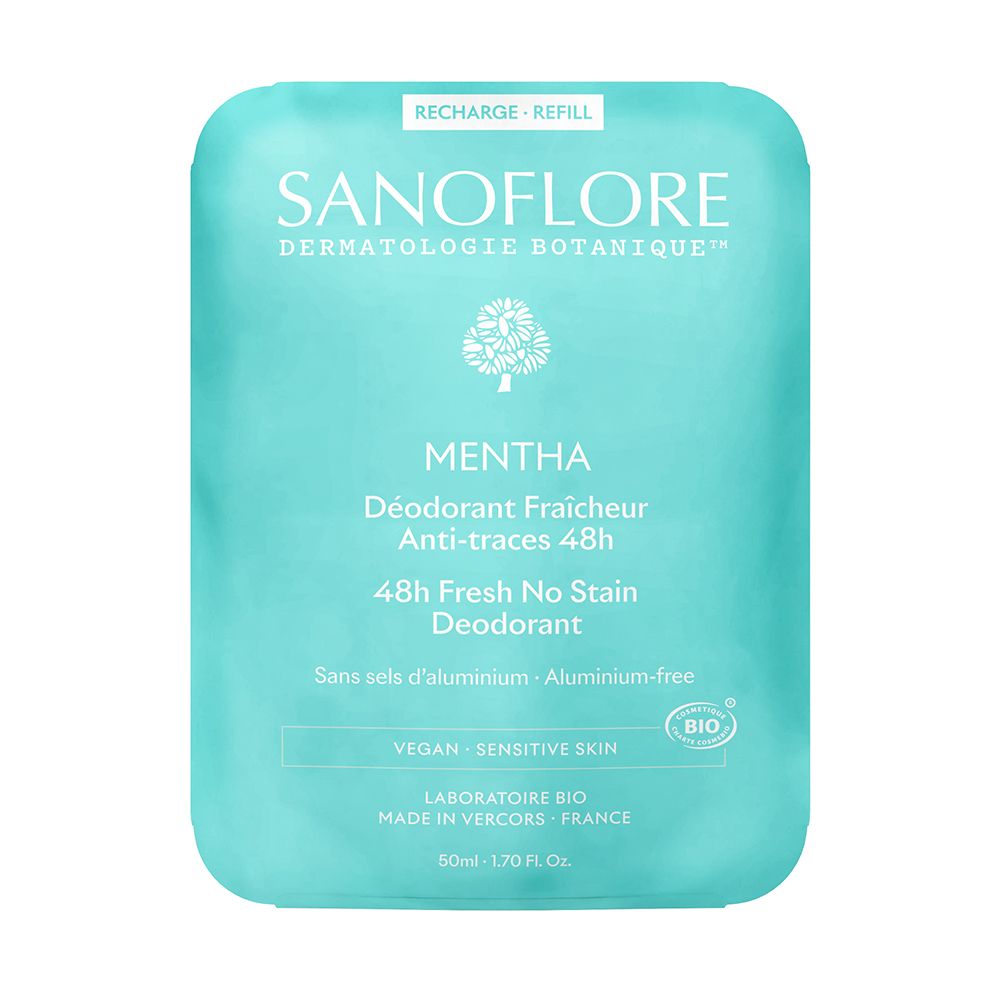 Recharge turquoise. Sanoflore, Mentha, Déodorant Fraîcheur Anti-traces 48h. Sans sels d'aluminium. Certifié bio. Vegan. Peaux sensibles.