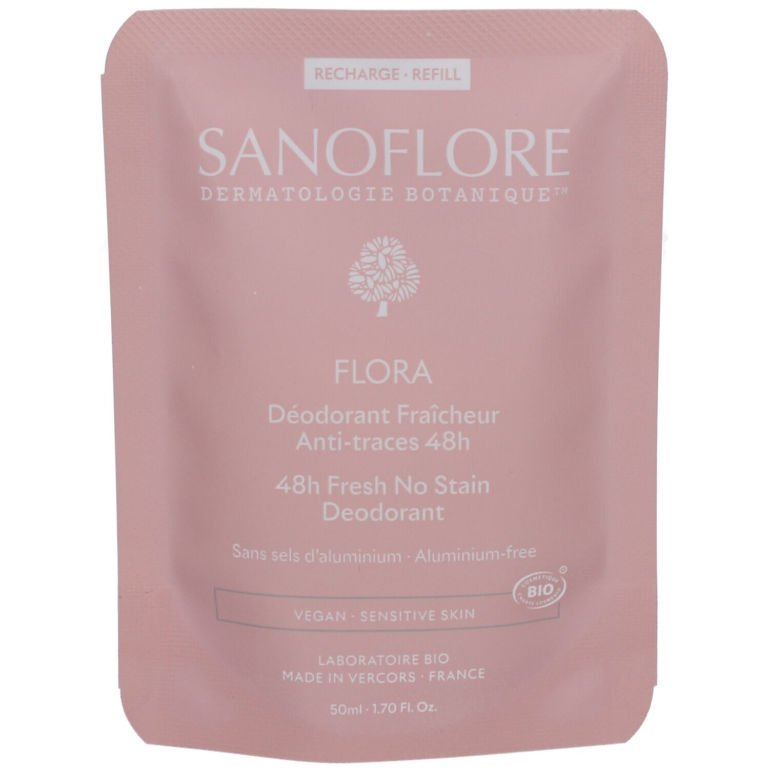 Rosa Nachfüllbeutel. Text: SANOFLORE, Flora, 48h Fresh No Stain Deodorant. Bio-Zertifizierung. Vegan. Für empfindliche Haut.