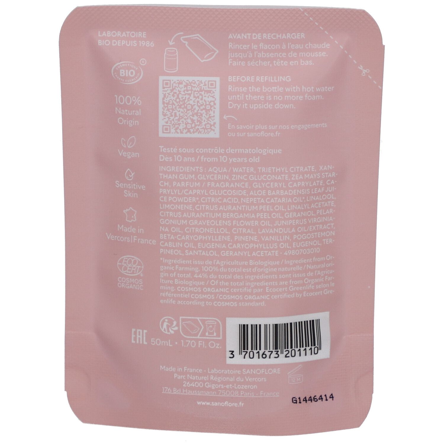 Rückseite des rosa Nachfüllbeutels. Text: Laboratoire Bio, 100% natürliche Herkunft, vegan, für empfindliche Haut. Bio-Zertifizierung.