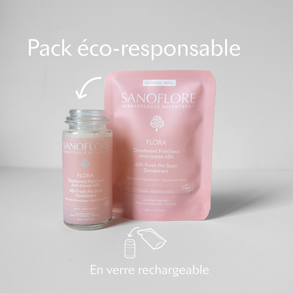 Sanoflore Flora Deodorant und Nachfüllpackung. Glasflasche und Nachfüllbeutel. Öko-Verpackung.