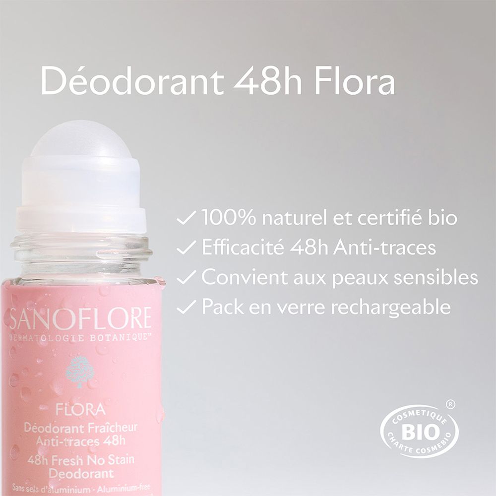 Sanoflore Flora Deodorant-Roller. 48h, ohne Aluminium. Bio-zertifiziert. Für empfindliche Haut.