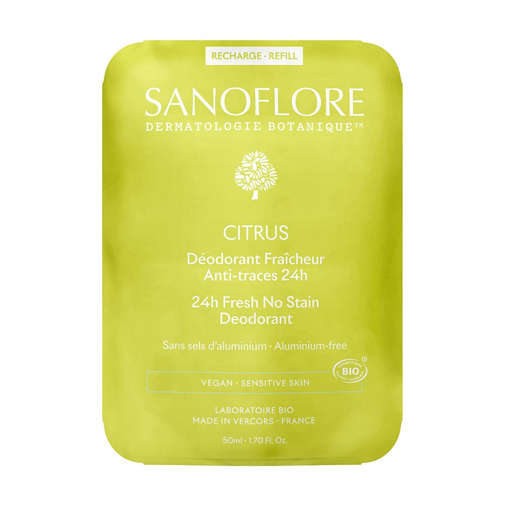 Grünes Nachfüllpack. Sanoflore-Logo und Produktbezeichnung Citrus. Text: 24H Fresh No Stain Deodorant, ohne Aluminiumsalze, vegan, für empfindliche Haut.