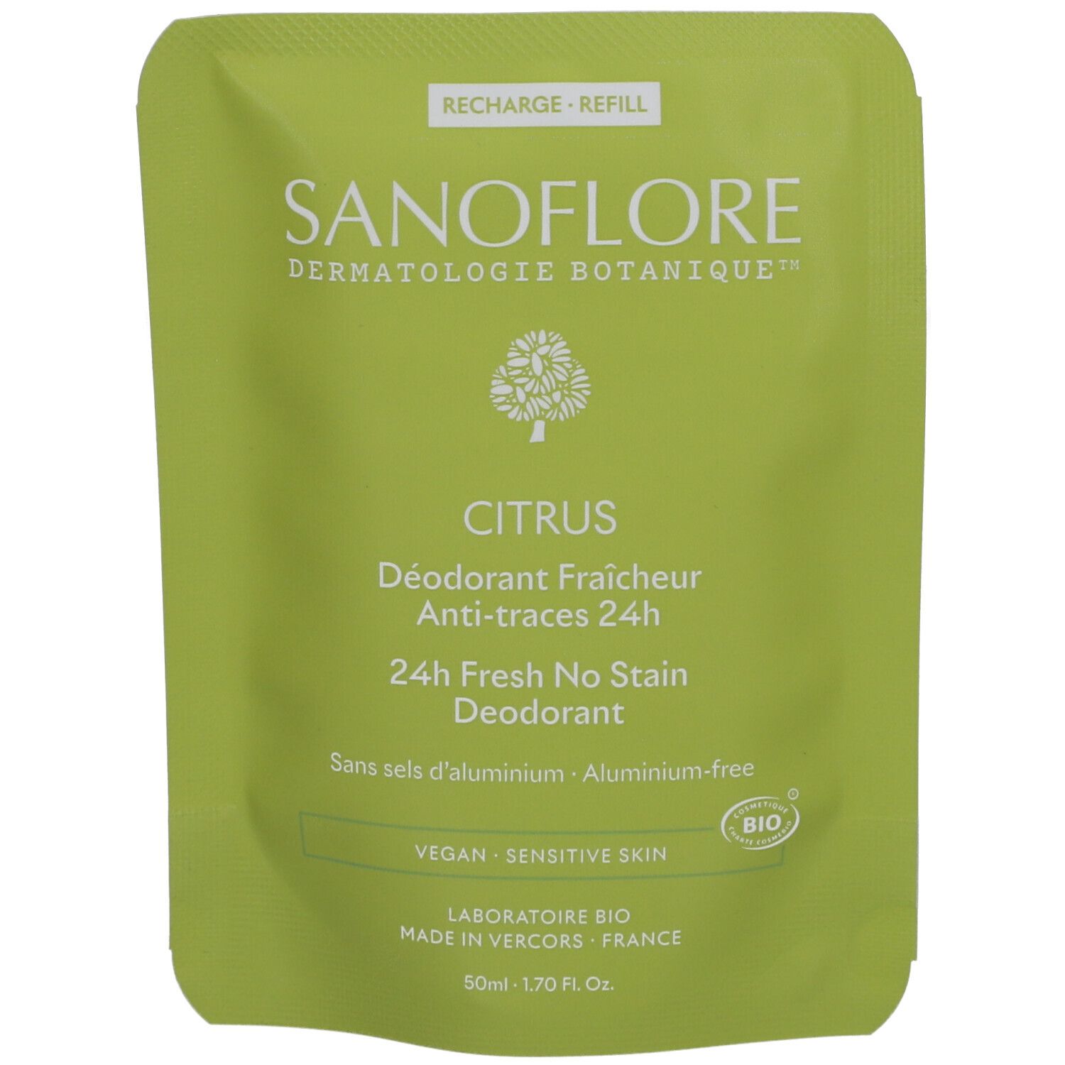 Grüner Nachfüllbeutel. Text: SANOFLORE, CITRUS, Déodorant Fraîcheur 24h. Aluminiumfrei, vegan, für empfindliche Haut. Bio-Siegel.