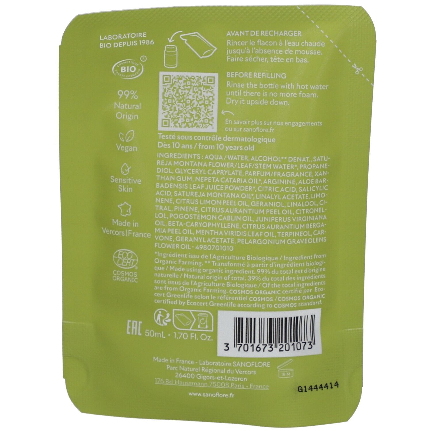 Rückseite des Nachfüllbeutels. Text: 99% natürlichen Ursprungs, vegan, für empfindliche Haut. Bio-Siegel. Inhaltsstoffe, QR-Code, 50ml.