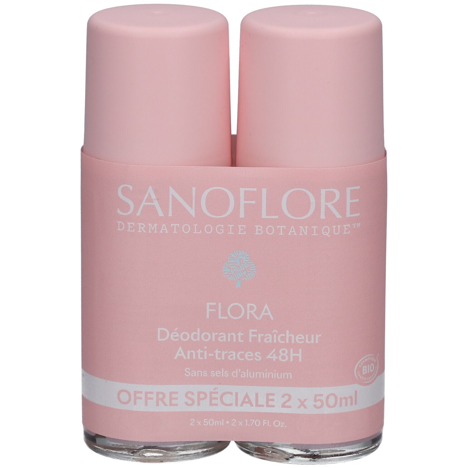 Zwei rosa Roll-On-Deodorants in einer Verpackung. Aufschrift: SANOFLORE, FLORA, 48h, Anti-traces. Spezielle Angebot 2 x 50ml.